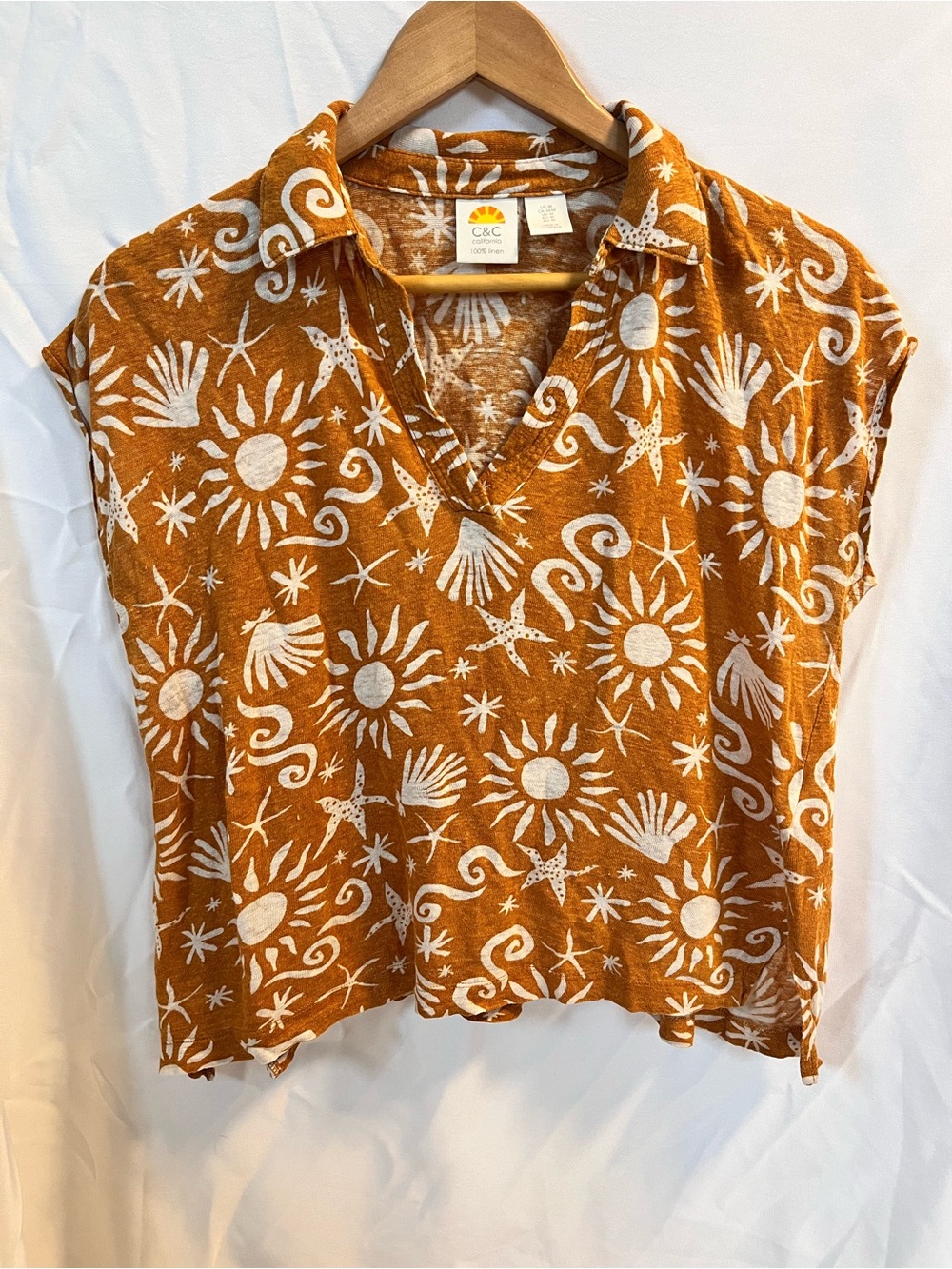 C&C California Burnt Orange linen Sun & Shell Collared V-Neck Top